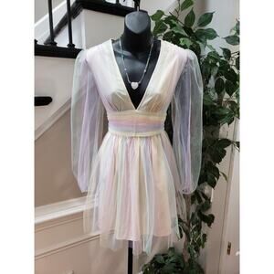 Double Crazy Women Multi Rainbow Tulle Ruffle Mesh Deep V Neck Mini Dress Size S